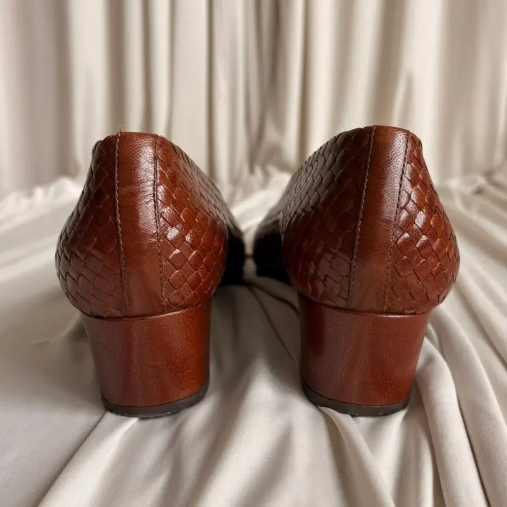 Enzo Angiolini Cognac Woven Leather Pumps - Almond Toe, Size 7.5